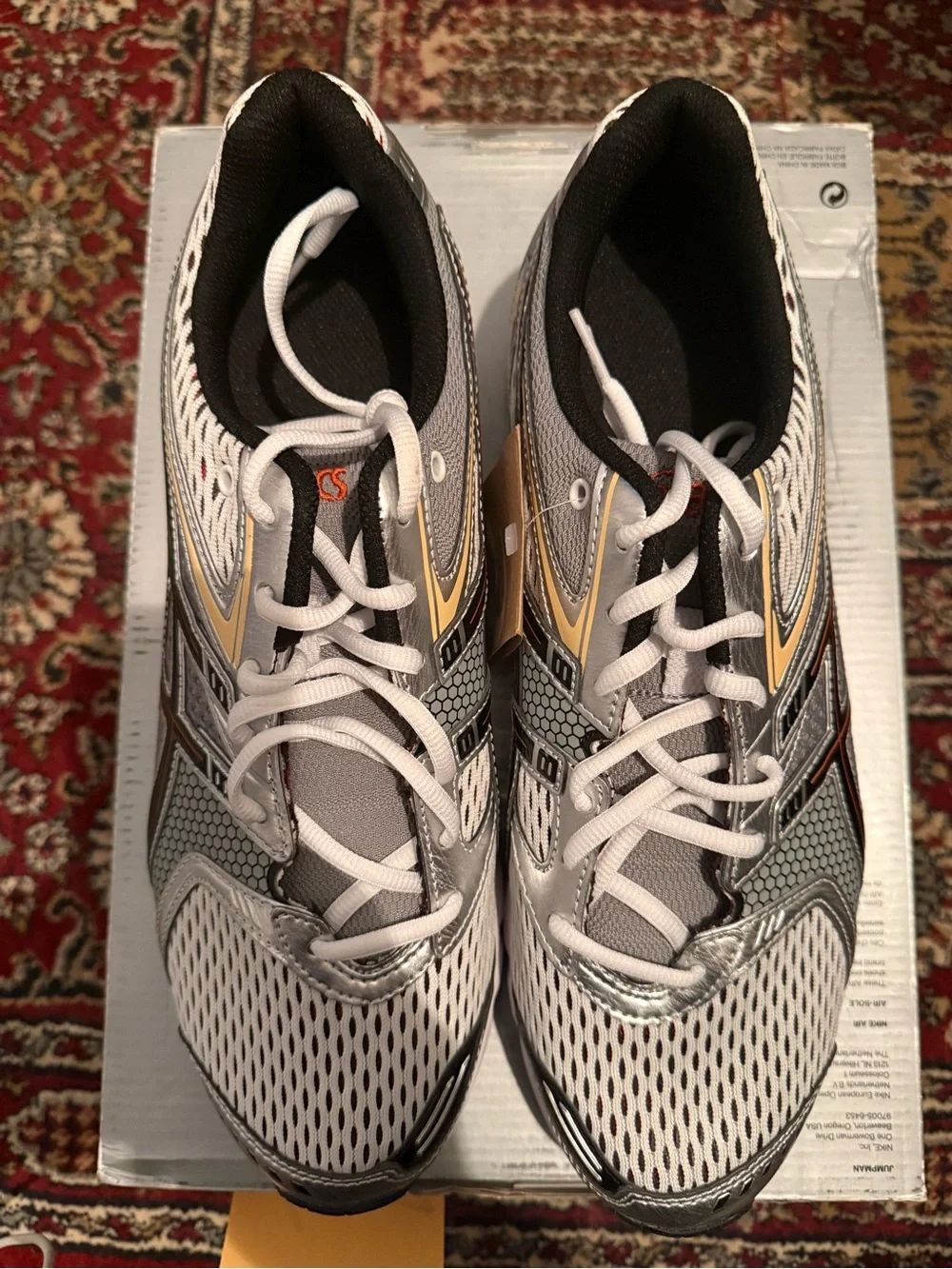 ASICS DS Trainer White Silver Athletic Running Shoes with Black and Gold Accents
